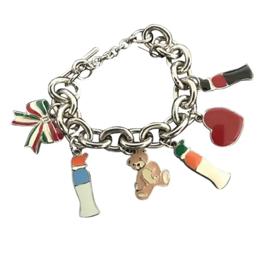 MOSCHINO Silver Tone Toggle Charm Bracelet w/Logo Jewelry Pouch